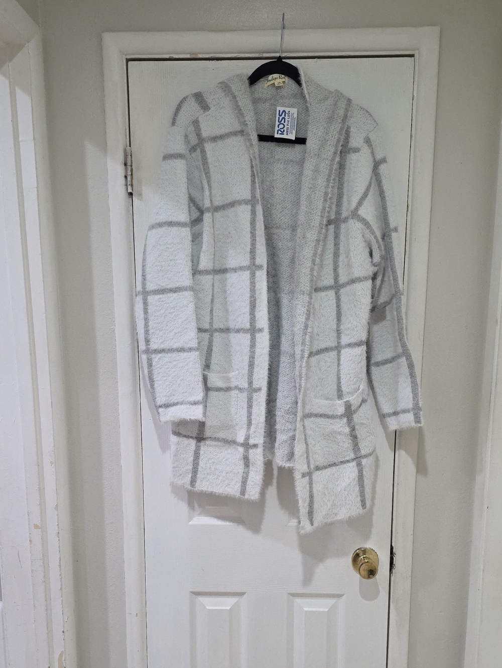Open-Front Grid-Pattern Cardigan Sweater - Light Gray